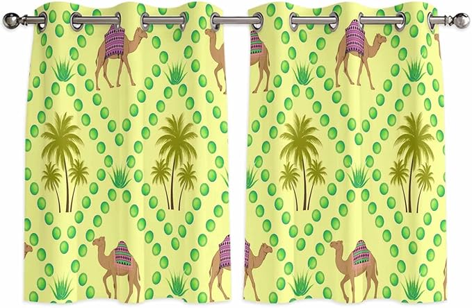 2 Panel Kitchen Cafe Curtains, Desert Sand Camels Sunlight Filtering Nature Air by Hokiten