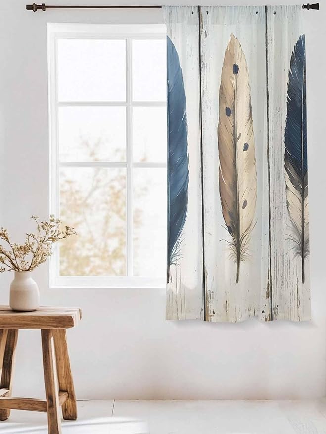 Sheer Curtains 63 Inch Length, Farmhouse Feather Semi Sheer Curtains Light - Image 3