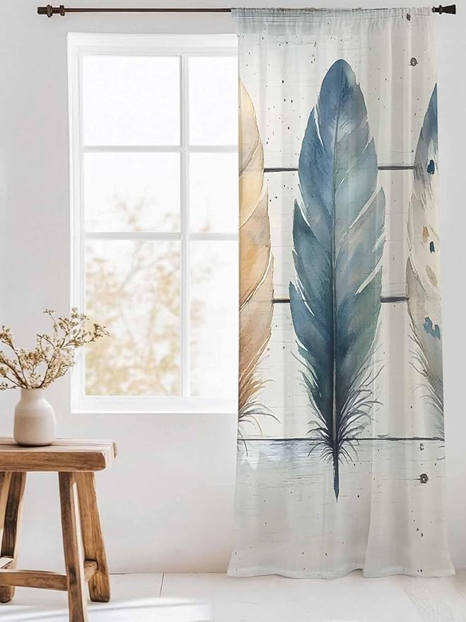 Sheer Curtains 84 Inches Long, Boho Blue Feathers Semi Sheer Curtains Light - Image 3