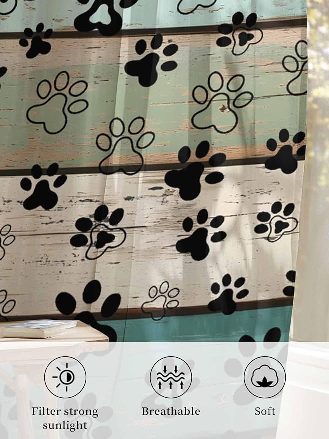 Sheer Curtains 54 Inch Length, Sage Green Brown Paw Prints Semi Sheer Curtains - Image 6
