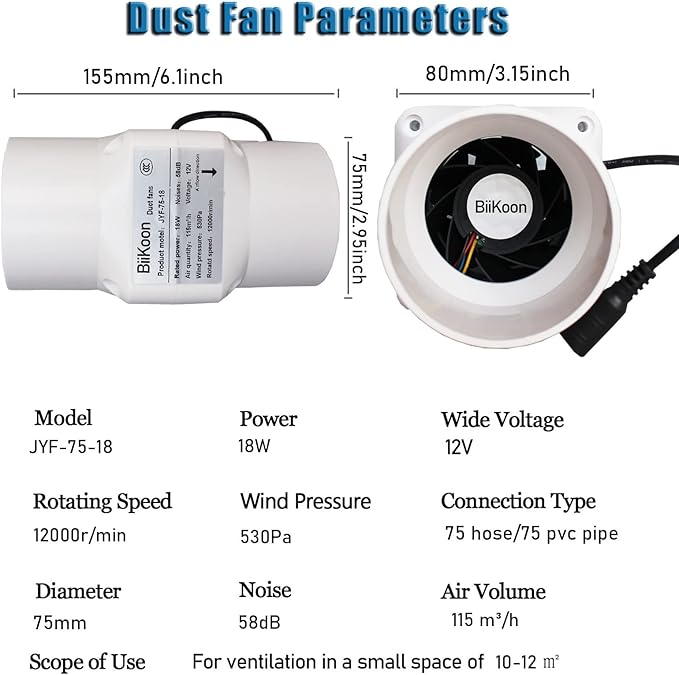 Inline Duct Fan 3 Inch 12V HVAC Exhaust Intake Fans Plastic Low Noise Basement - Image 2