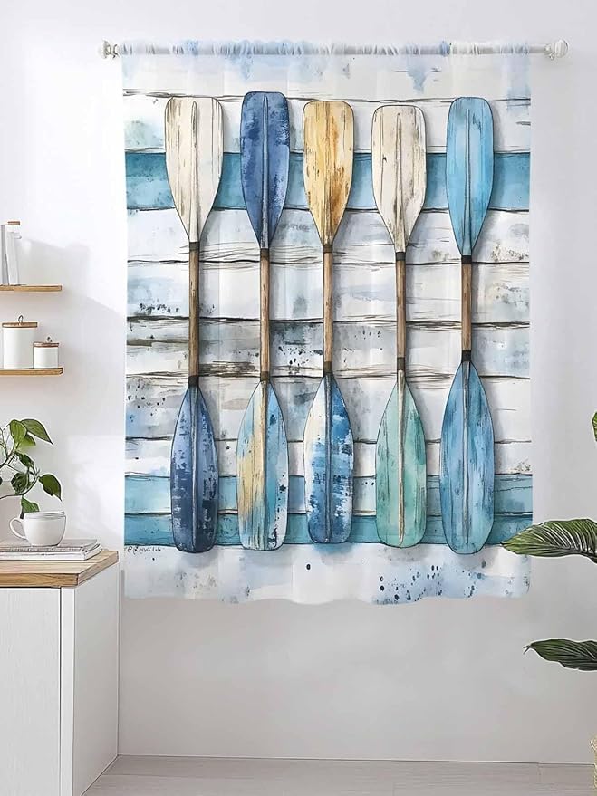 Sheer Curtains 72 Inches Long, Lake Paddle Striped Semi Sheer Curtains Light - Image 2