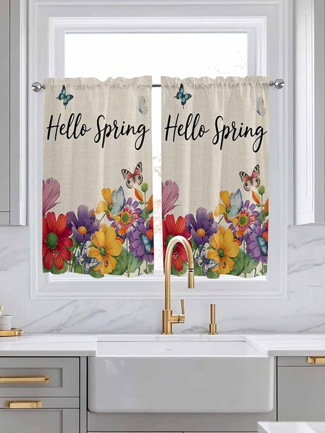 Spring Flowers Kitchen Curtains 45 Inches length, Farmhouse Vintage Country - Image 3