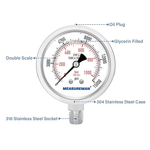 MEASUREMAN Fully Stainless Steel Hydraulic Glycerin Filled Pressure Gauge - Image 3