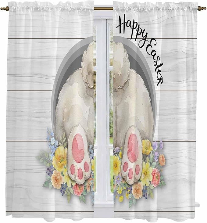Easter Bunny Window Curtains 63 Inch Long 2 Panel Set, Rod Pocket Bedroom - Image 2
