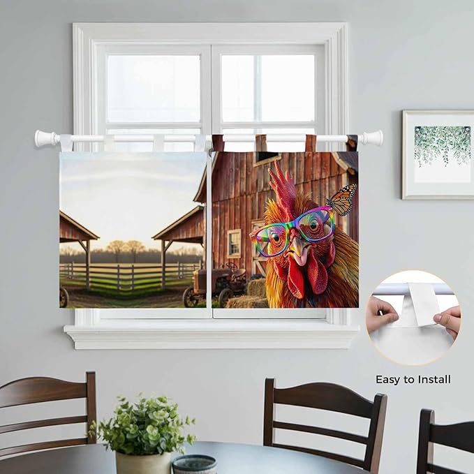 Farm Rooster Kitchen Curtains 36 Inch Length, Small Window Curtains Tab Top - Image 4