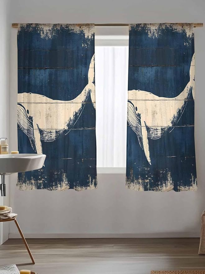 Sheer Curtains 63 Inch Length, Ocean Whale Blue Semi Sheer Curtains Light - Image 5