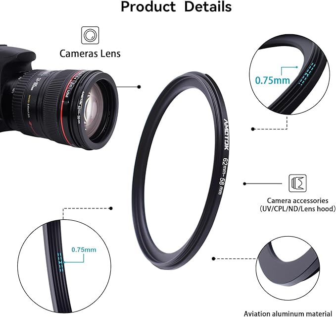 62mm Lens to 58mm Camera Lens Adapter, 62mm to 58mm Filter Step up Ring Adapter - Image 3