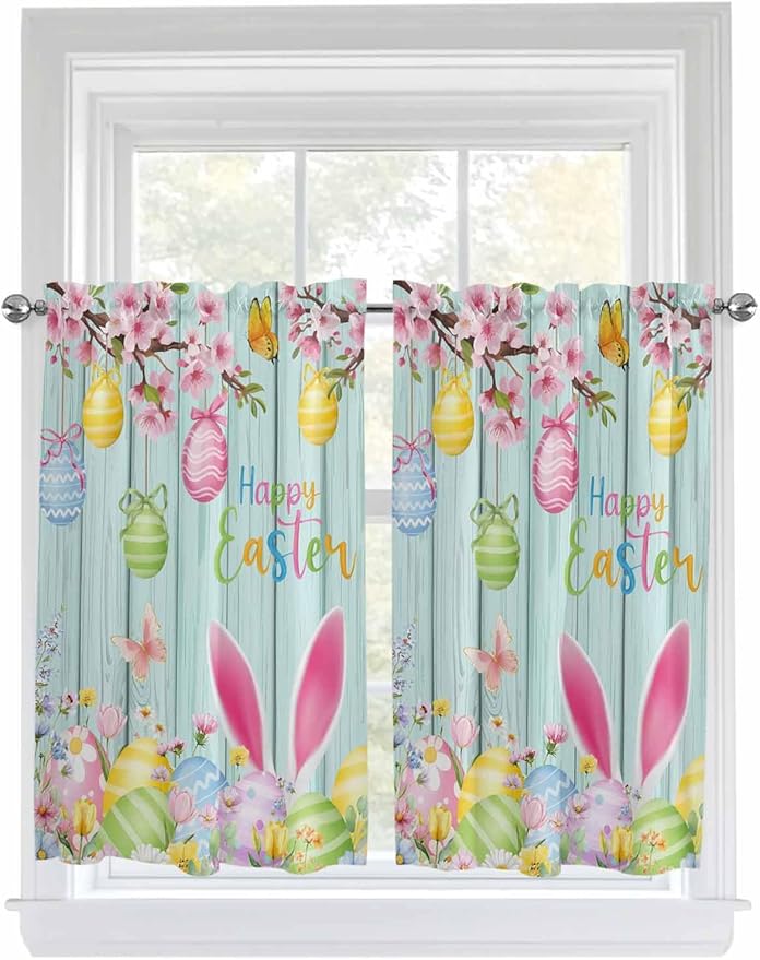 Happy Easter Tier Curtains 45 Inches Long, Spring Bunny Eggs Flower Teal Wood by Unknown