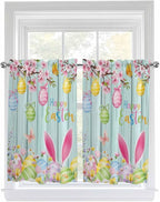 Happy Easter Tier Curtains 45 Inches Long, Spring Bunny Eggs Flower Teal Wood by Unknown