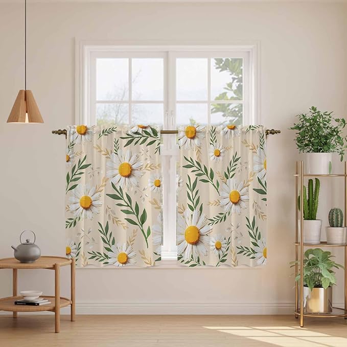 Spring Daisy Kitchen Curtains, Country Watercolor Flower Leaf Plant Light - Image 3