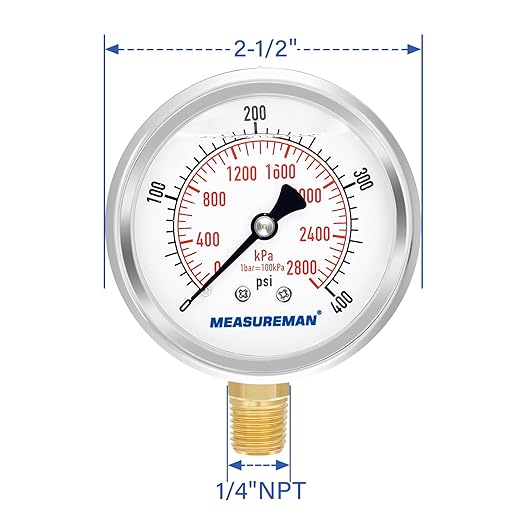 MEASUREMAN 2-1/2" Dial Size, Glycerin Filled Pressure Gauge, 0-400psi/2800kpa - Image 7
