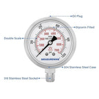 MEASUREMAN Pressure Gauge, 0-1000 PSI/kPa, Glycerin Filled, 1/4 NPT Lower Mount - Image 3