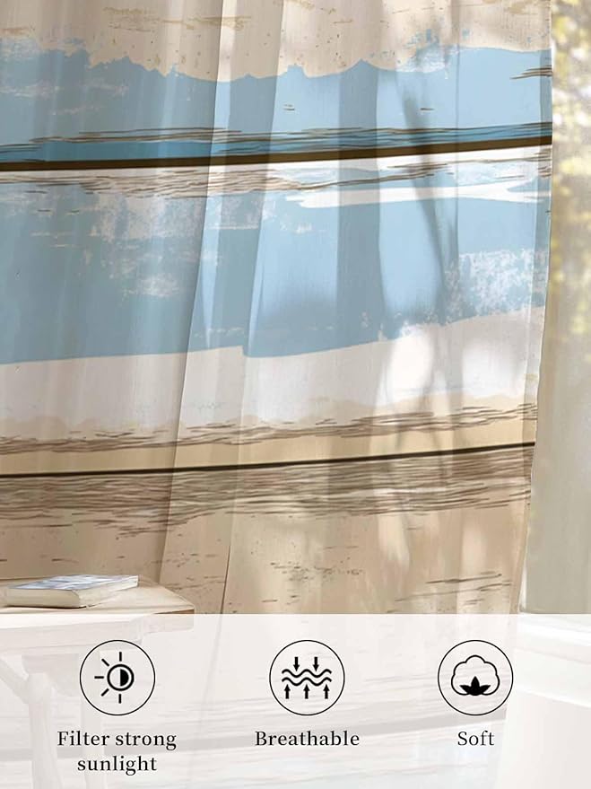 Sheer Curtains 96 Inches Long, Vintage Geometric Blue Semi Sheer Curtains Light - Image 6