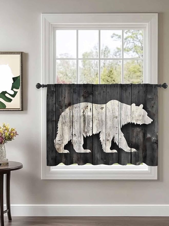 Sheer Curtains 45 Inch Length, Farmhouse Country Rustic Wooden Grain Privacy - Image 2
