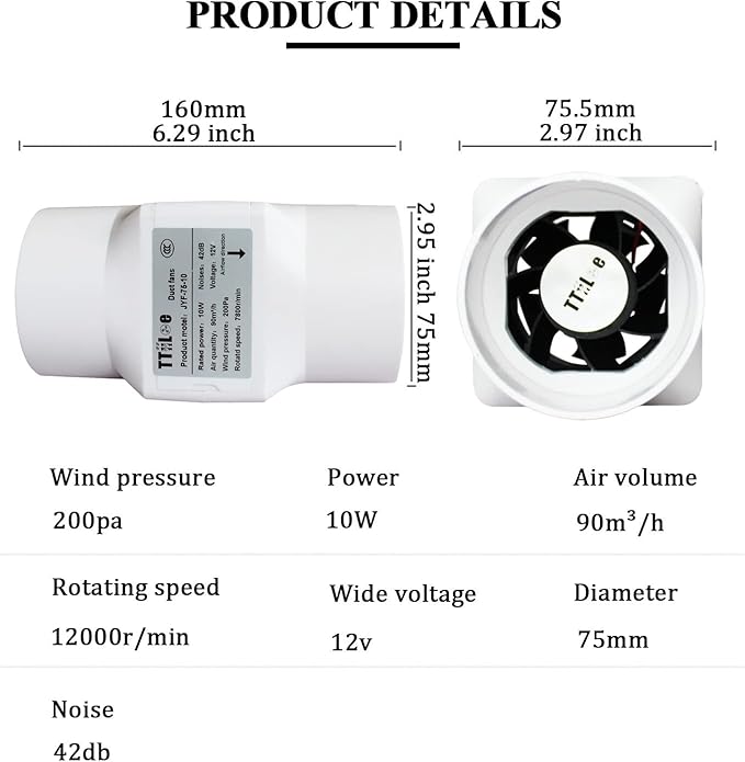 Inline Extractor Duct Fan with Speed Controller 3 inch/75mm Air Diffuser - Image 2