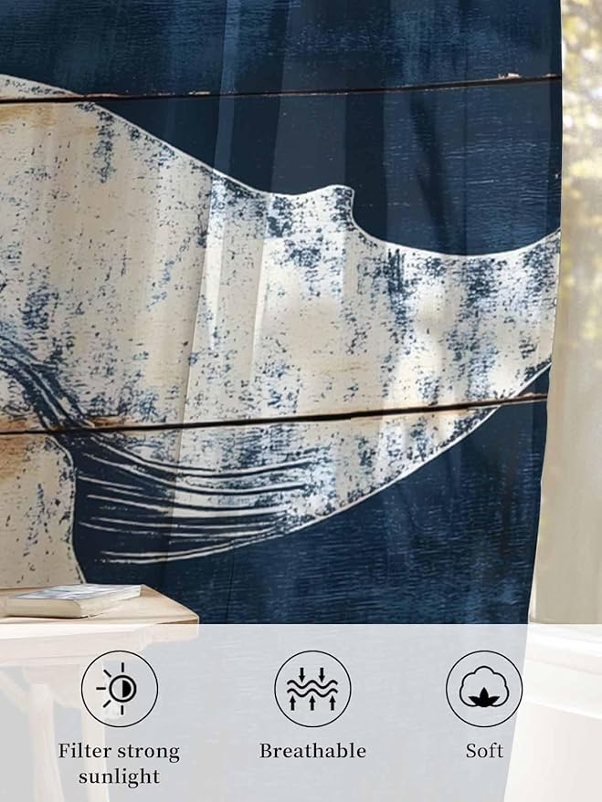Sheer Curtains 45 Inch Length, Ocean Whale Blue Semi Sheer Curtains Light - Image 6