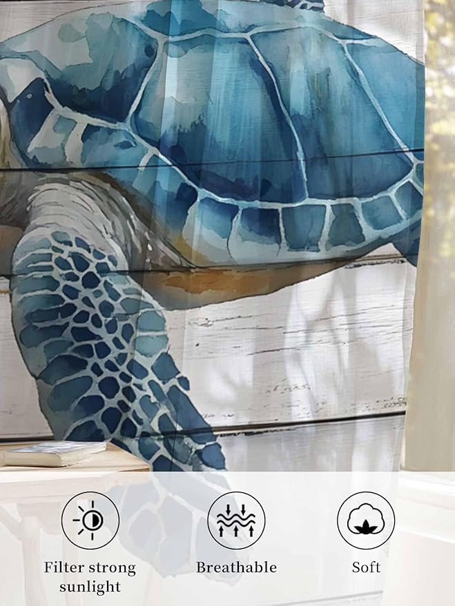 Sheer Curtains 72 Inches Long, Sea Turtle Blue Semi Sheer Curtains Light - Image 6