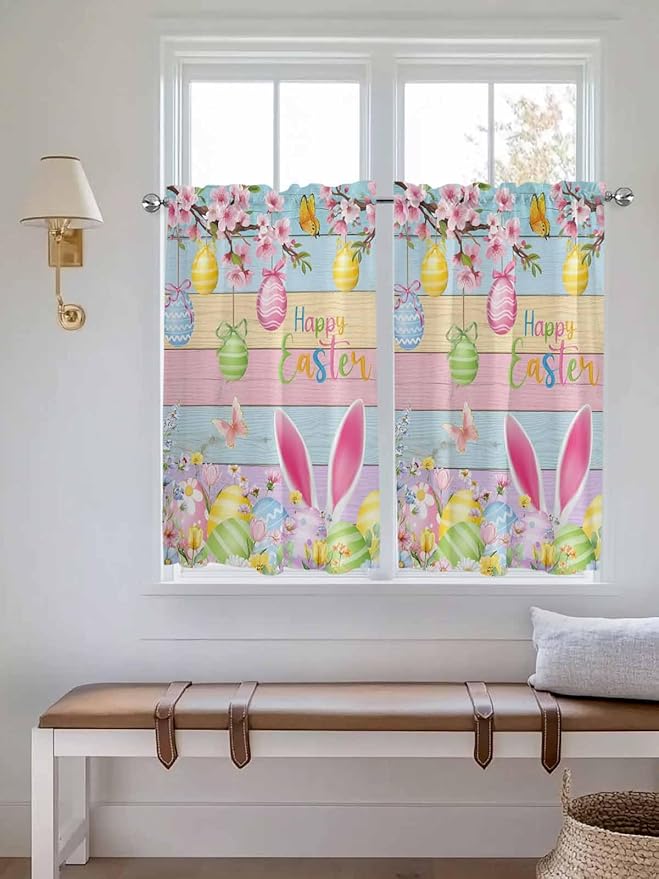 Colorful Easter Tier Curtains 45 Inches Long, Spring Watercolor Bunny Egg - Image 4