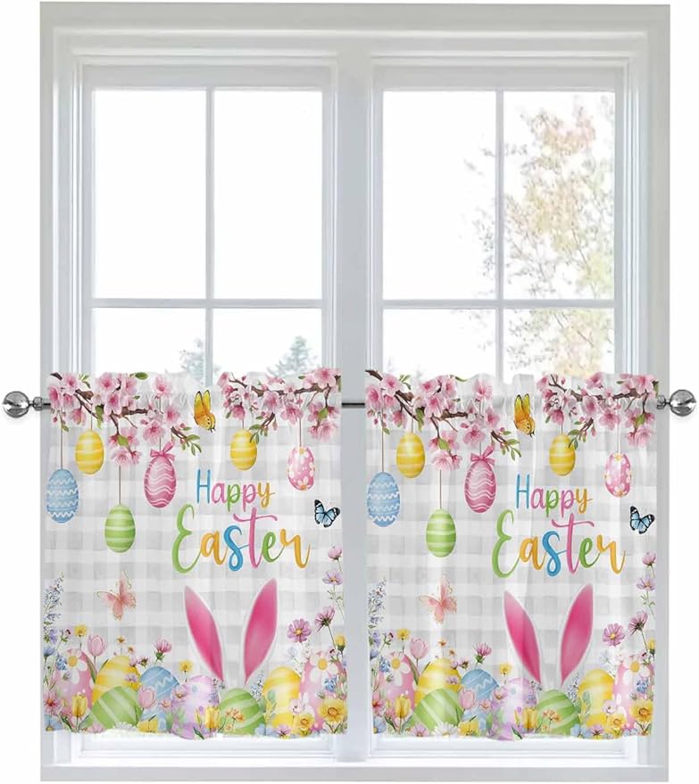Happy Easter Half Window Curtains 24 Inches Long, Spring Watercolor Bunny Eggs by Unknown