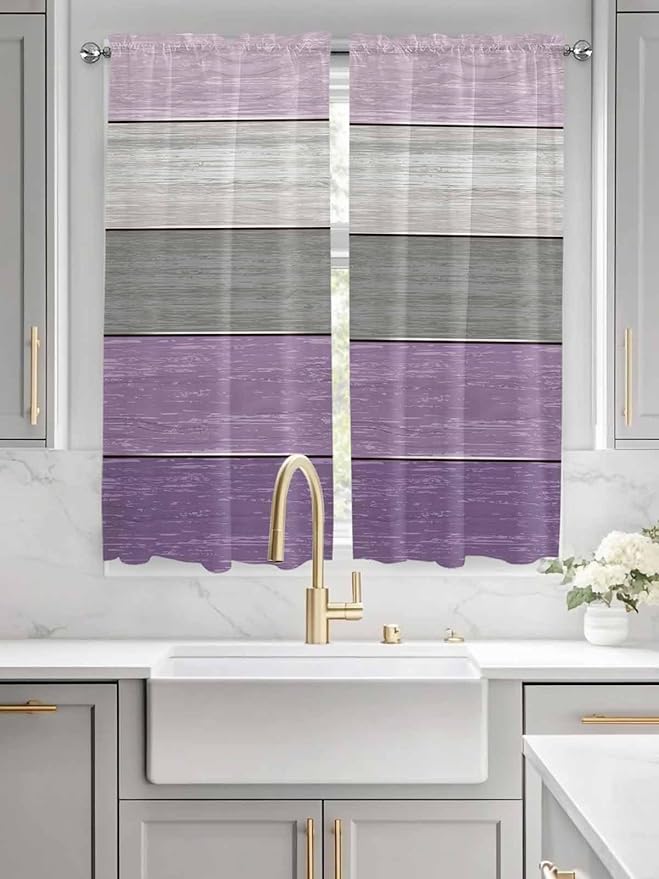 Country Wood Board Gray Purple Window Valance Curtains, Farmhouse Gradient - Image 3