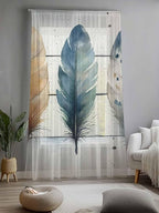 Sheer Curtains 108 Inches Long, Boho Blue Feathers Semi Sheer Curtains Light - Image 2