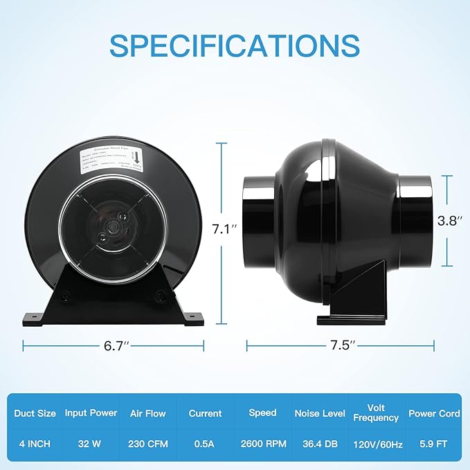 iPower 4 Inch 230 CFM Inline Fan Circulation Vent Blower, Air Carbon Filter - Image 3