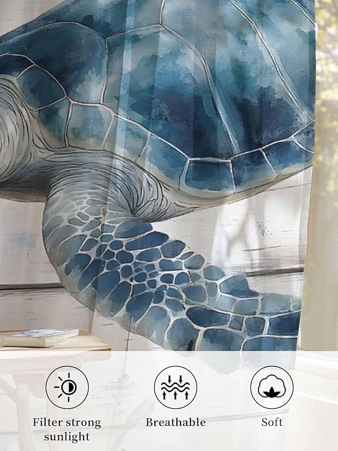 Sheer Curtains 63 Inch Length, Ocean Sea Turtle Semi Sheer Curtains Light - Image 6