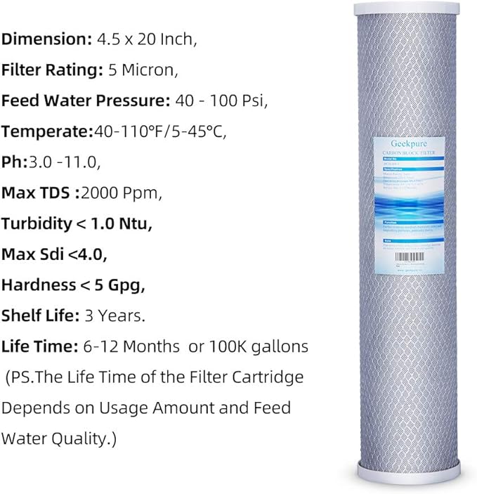 Geekpure 20 Inch Carbon Block Water Filter Reduce Chlorine Taste Odors - Image 5