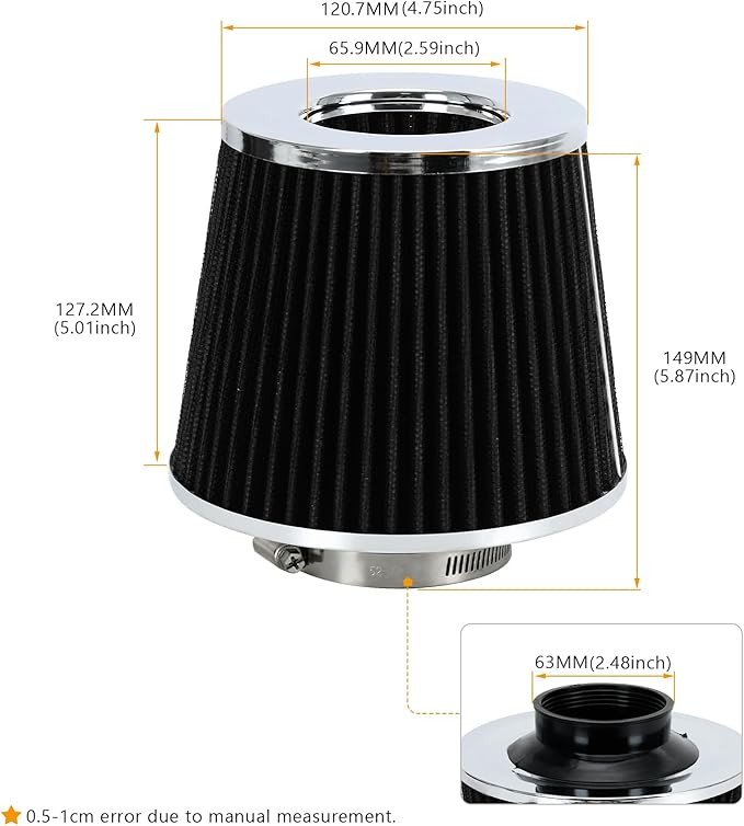 PTNHZ Universal Balck 2.5" 63mm High Flow Cold Air Intake Cone Air Filter Power - Image 4