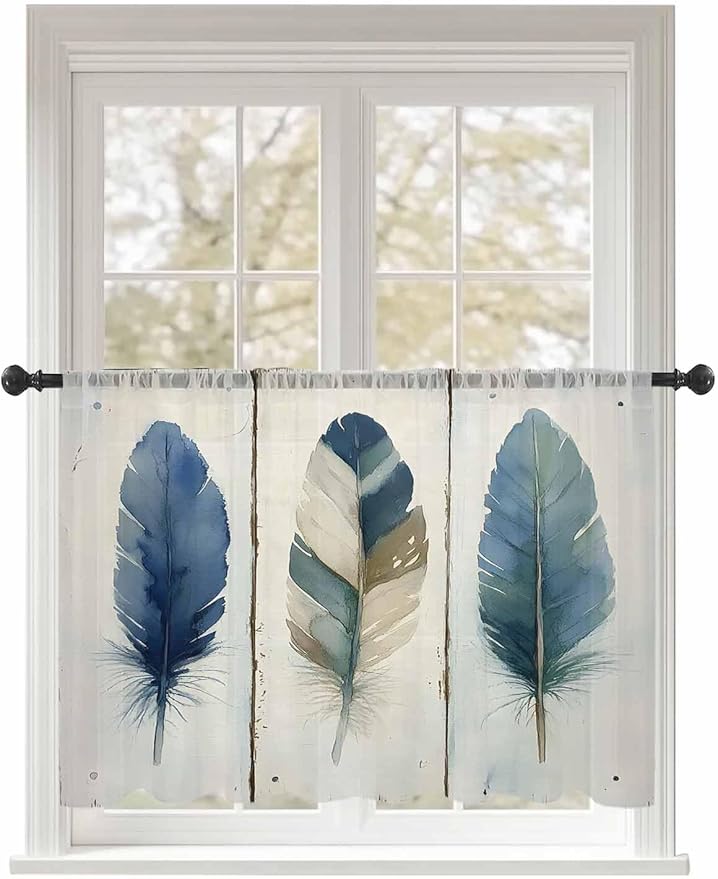 Sheer Curtains 54 Inch Length, Boho Blue Feathers Semi Sheer Curtains Light by Unknown