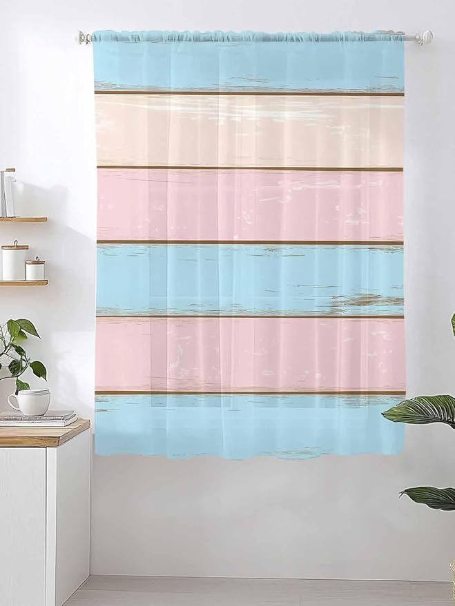Sheer Curtains 72 Inches Long, Farmhouse Country Shabby Striped Privacy Voile - Image 2