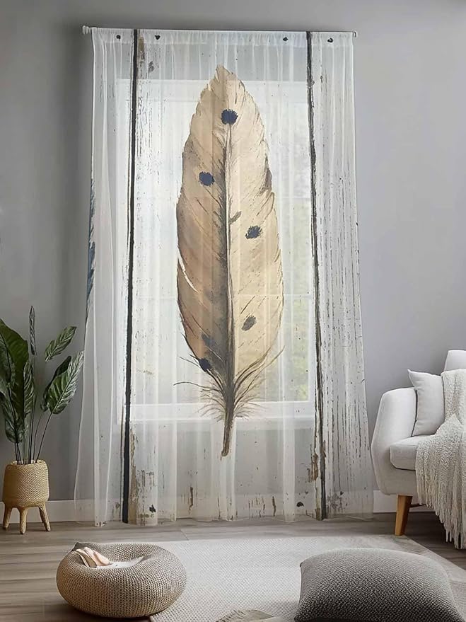 Sheer Curtains 96 Inches Long, Farmhouse Feather Semi Sheer Curtains Light - Image 2