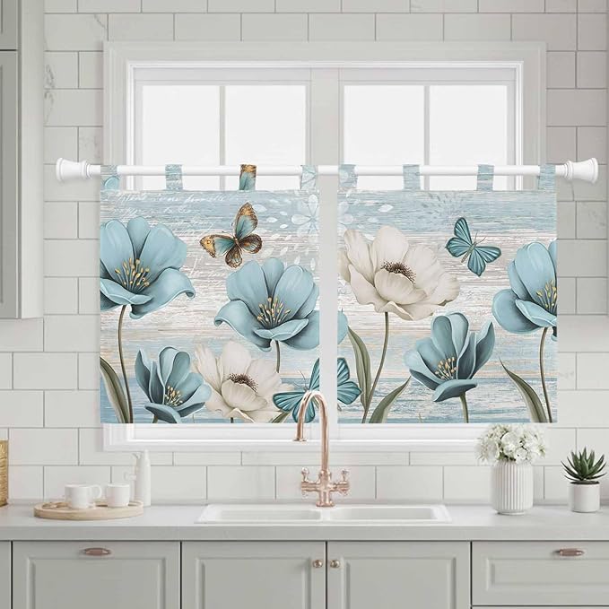 Spring Floral Kitchen Curtains 24 Inch Length, Small Window Curtains Tab Top - Image 3