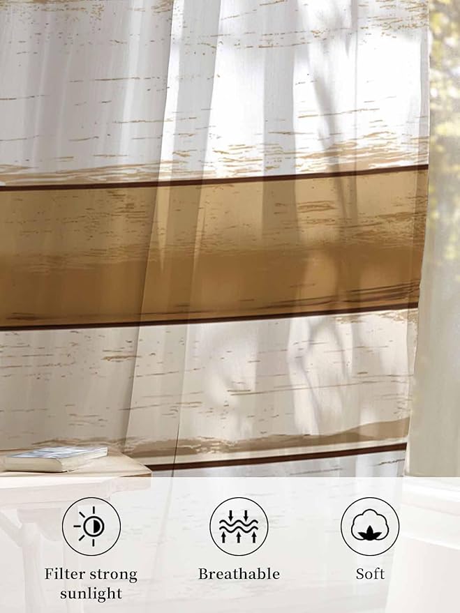 Sheer Curtains 45 Inch Length, Vintage Country Geometric Striped Privacy Voile - Image 6