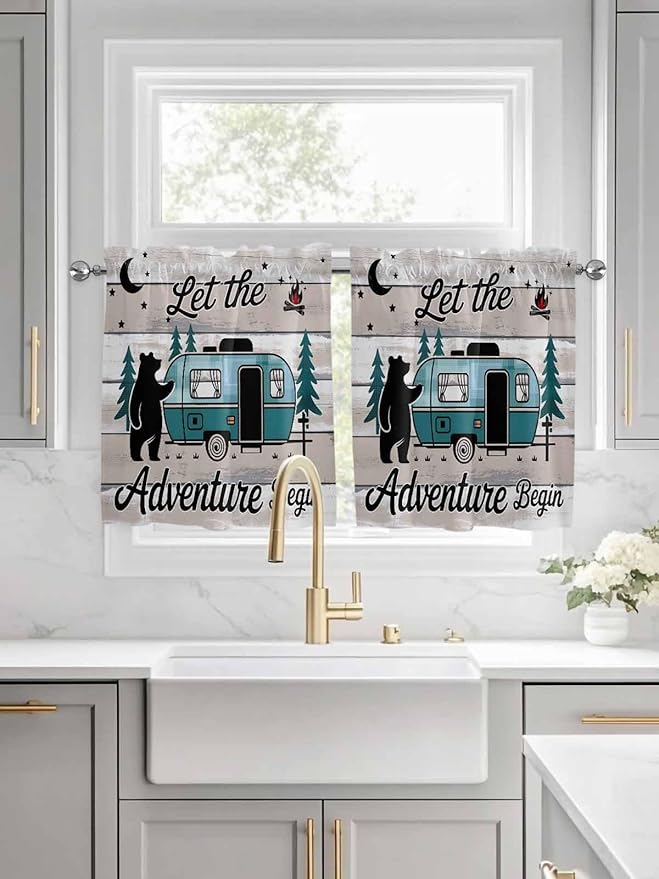 Farmhouse Bear Camper Van Tree Window Valance Curtains, Vintage Wood Grain by IDOWMAT