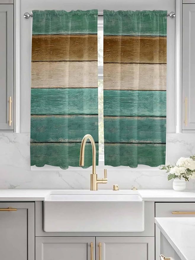 Vintage Plank Turquoise Brown Window Valance Curtains, Farmhouse Wood Grain - Image 3