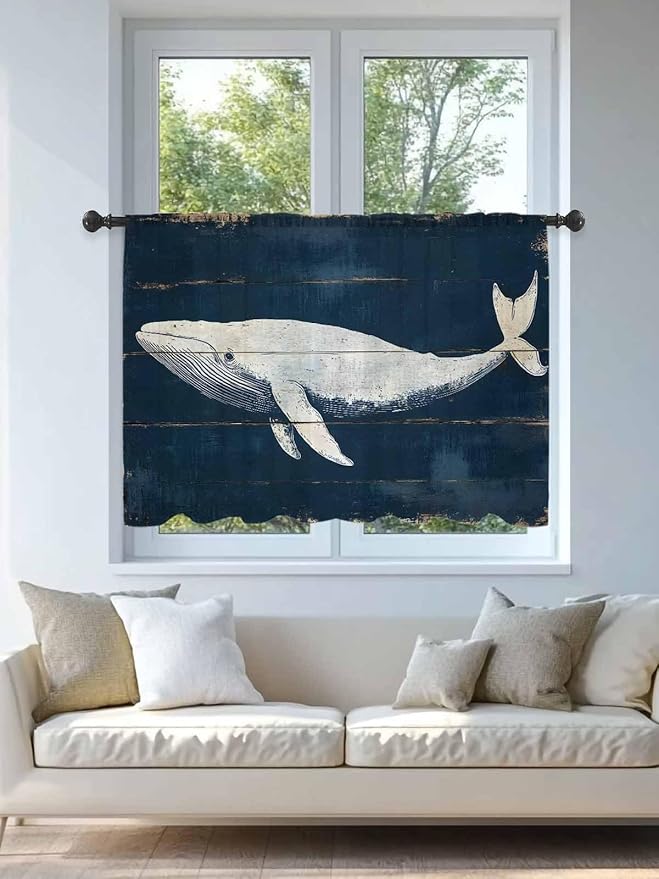 Sheer Curtains 45 Inch Length, Ocean Whale Blue Semi Sheer Curtains Light - Image 4
