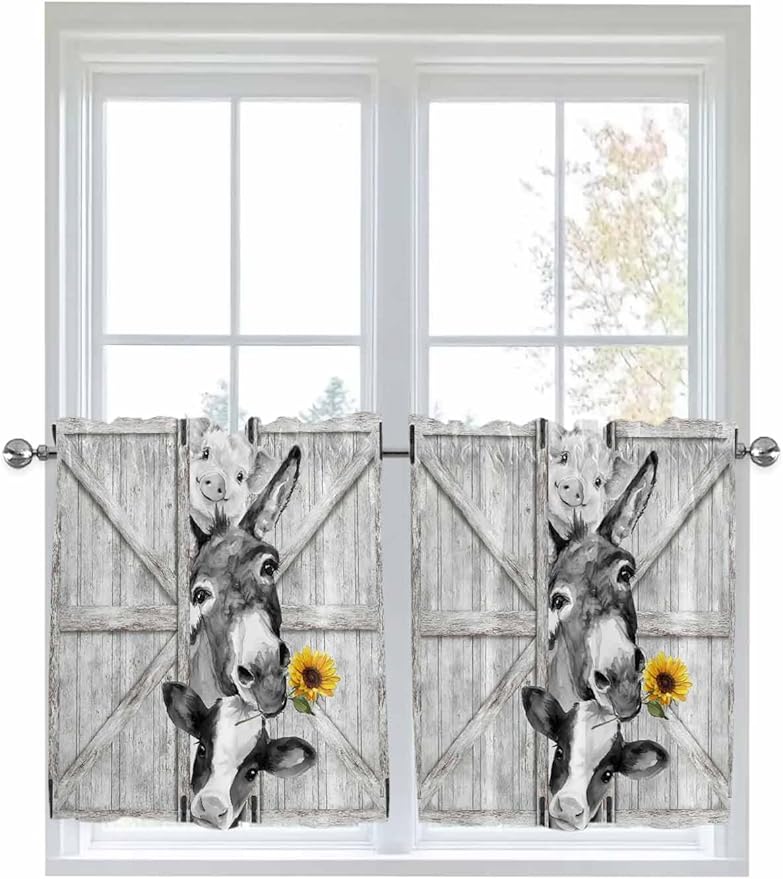 Grey Farmhouse Half Window Curtain 36 Inches Long, Vintage Sunflowers Animals by Unknown
