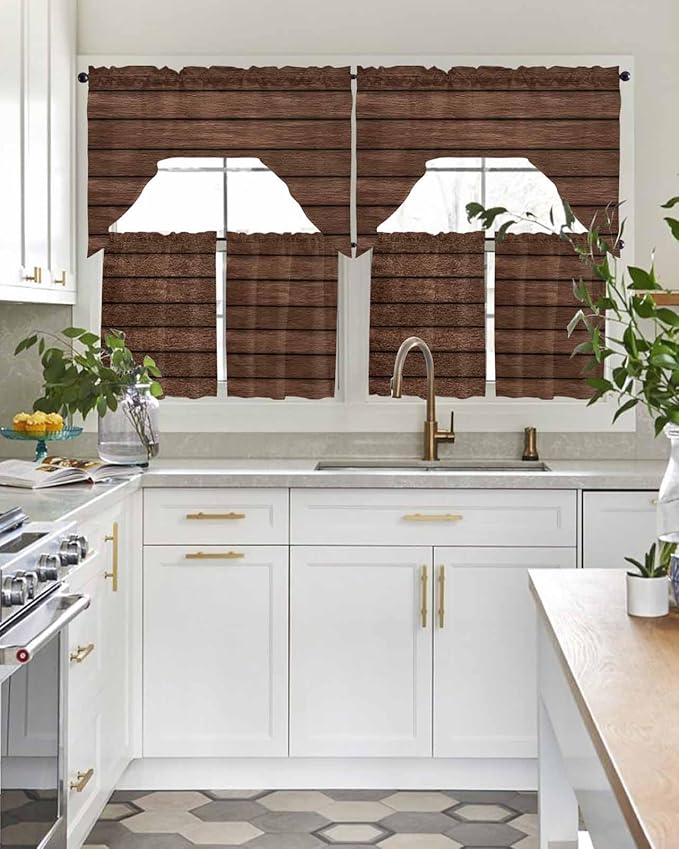 Brown Wooden Board Swag Kitchen Curtains Valance and Tier Set, Vintage Wood - Image 3