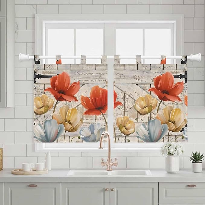 Retro Floral Kitchen Curtains 36 Inch Length, Small Window Curtains Tab Top - Image 3