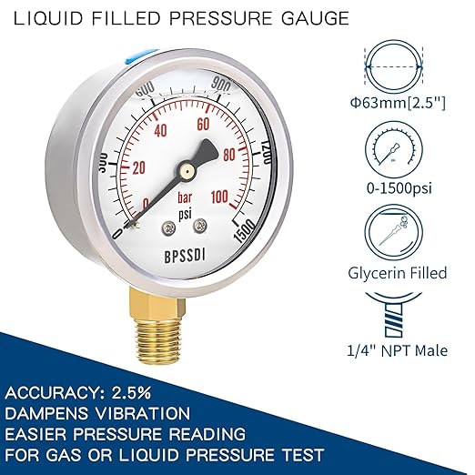 0-1500 Psi Glycerin Liquid Filled Hydraulic Pressure Gauge, 2.5" Dial Size - Image 2