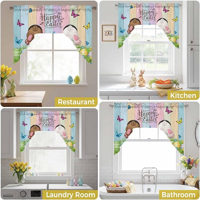 Swag Valance Curtains, Happy Easter Rabbit Butt Egg on Daisy Leaf Rod Pocket - Image 6