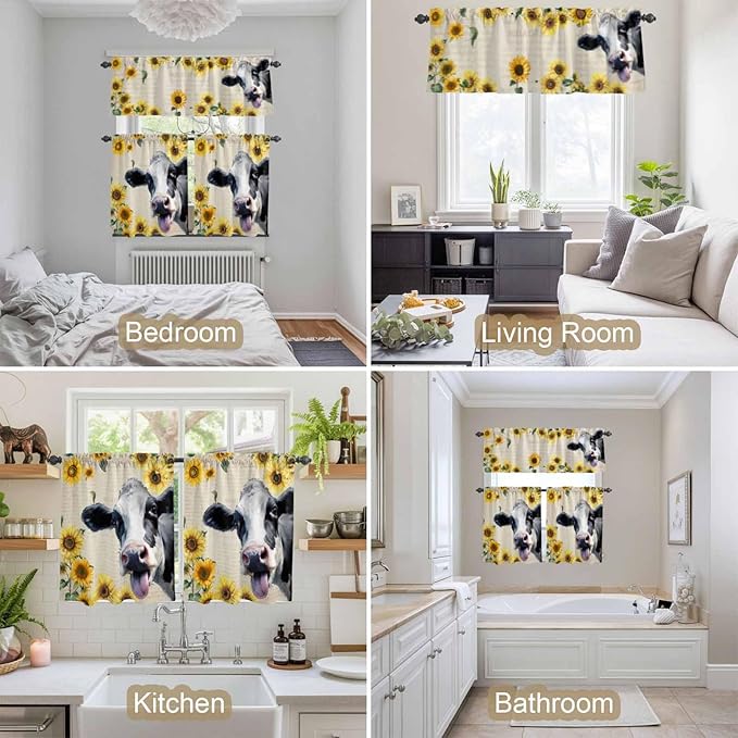 Kitchen Curtains Tiers and Valance Set of 3, Cow Sunflowers Light Filtering - Image 7