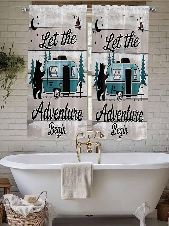 Farmhouse Bear Camper Van Tree Window Valance Curtains, Vintage Wood Grain - Image 5