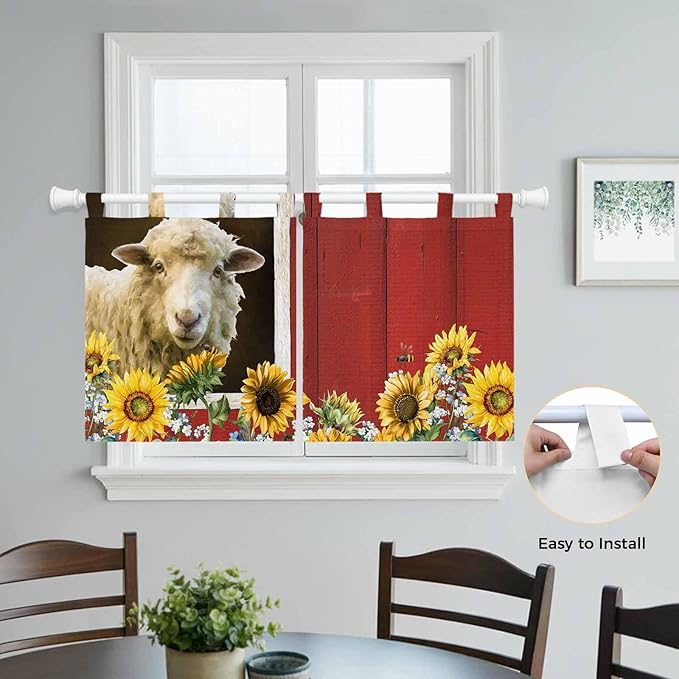 Sheep Flowers Kitchen Curtains 24 Inch Length, Small Window Curtains Tab Top - Image 4