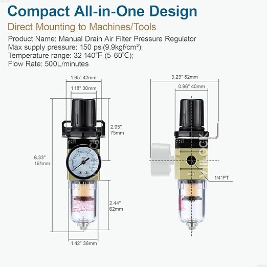 1/4" NPT Air Compressor Filter Regulator Combo, Water Separator Air Pressure - Image 4