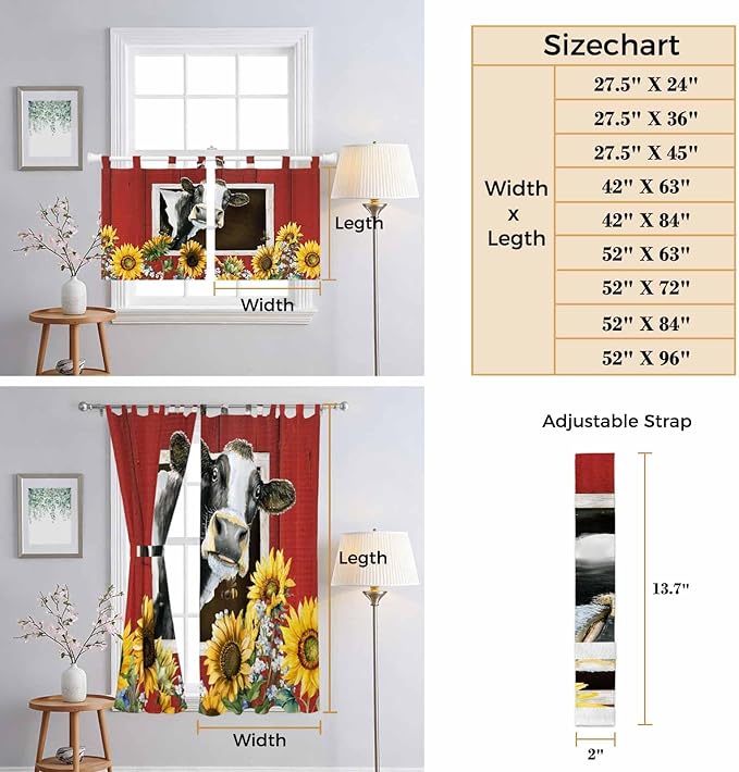 Cows Sunflowers Kitchen Curtains 24 Inch Length, Small Window Curtains Tab Top - Image 8