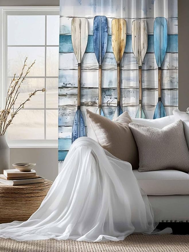 Sheer Curtains 63 Inch Length, Lake Paddle Striped Semi Sheer Curtains Light - Image 4