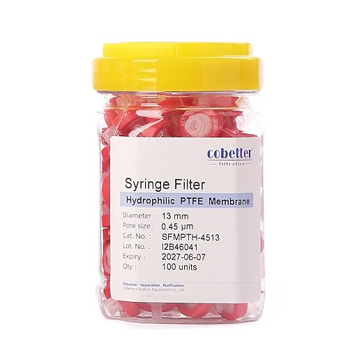 100 Pack Syringe Filter PTFE hydrophilic Lab Filters 0.45μm Pore Size 13mm by COBETTER